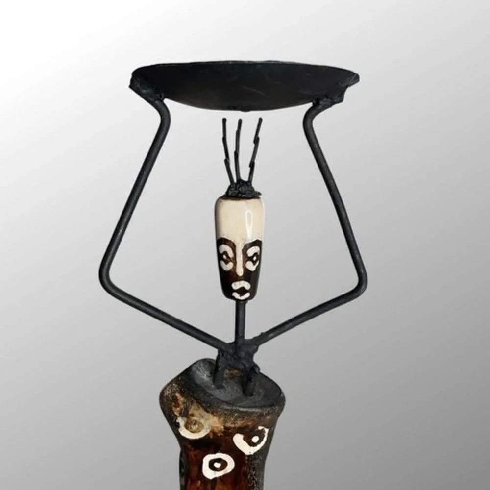 VTG Handmade‎ African Tribal Folk Art Candle Holder Real Bones Metal Wire 18